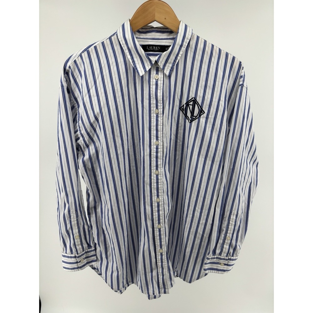 Lauren Ralph Lauren Striped Logo Cotton Broadcloth Shirt Women's Sz XL Old Money